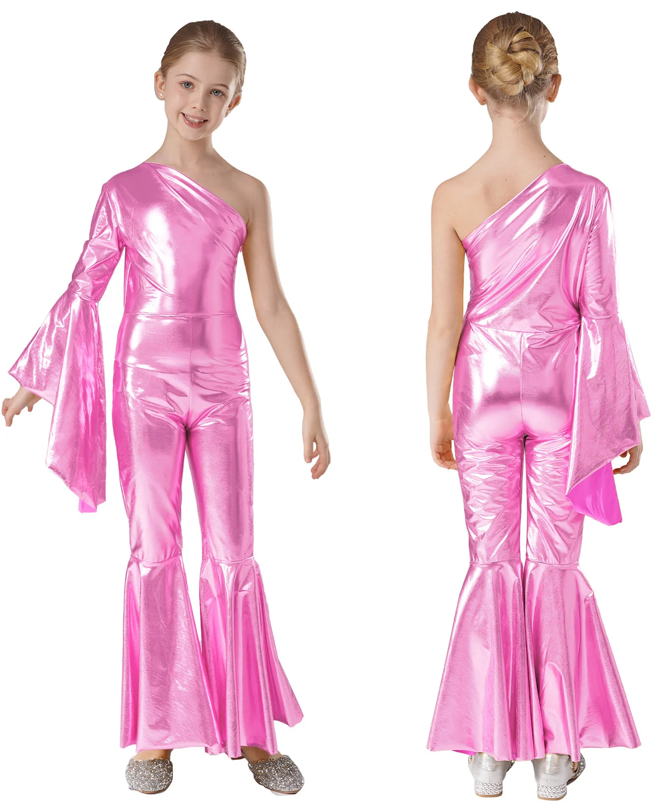 thumbnail image 1 of Mono de gimnasia con mangas acampanadas para niñas, mono de un hombro y campana metálico brillante, trajes de ballet y danza jazz, 1 of 5