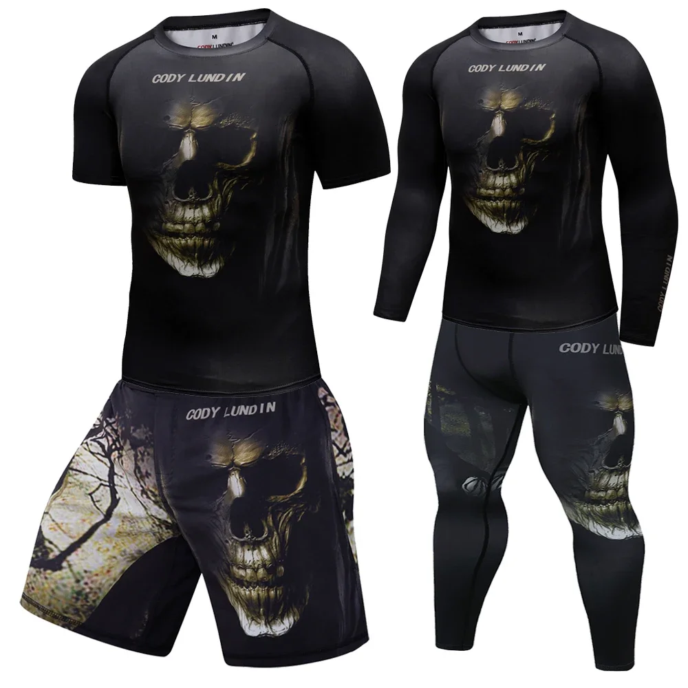 Skull MMA Rashguard Jiu Jitsu Jerseys+Pant Set Men MMA Thair T-shirt Shorts BJJ Boxing 4Pcs/Set Rash Guard Fightwear Sportswear