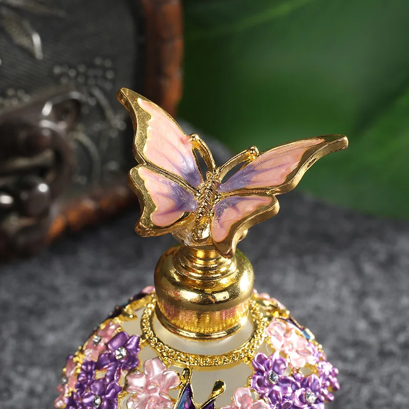 Gold Purple Pink Flowers Glass Perfume Bottle With Metal Butterfly Lid Empty Refillable 25ml Round Frost Fragrance Containers 2