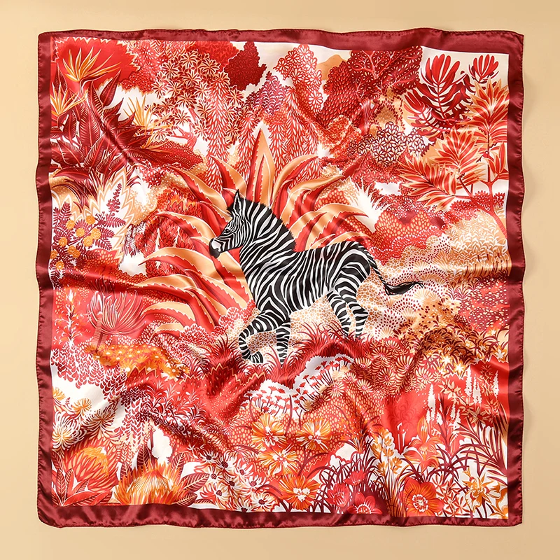 Women Luxury Silk Scarf Zebra Printed Scarves Square 90x90cm Shawl Travel Headscarf Hijab Bandana Neckerchief Foulard 5