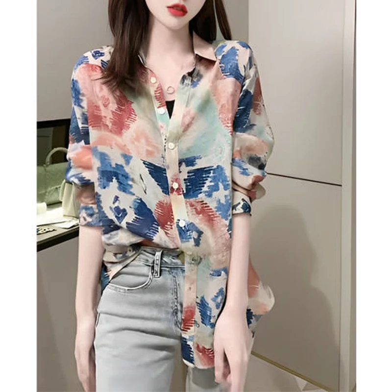 Spring Summer New POLO Collar Fashion Long Sleeve Shirt Women High Street Casual Loose Printing Thin Cardigan Elegant Button Top