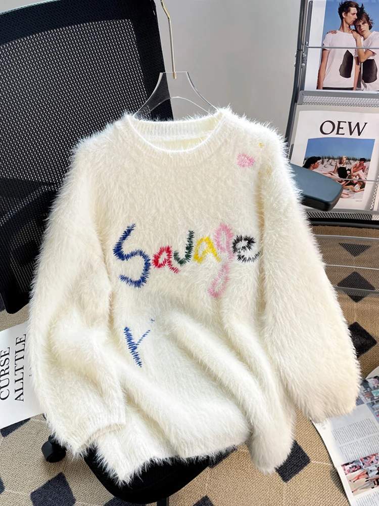 

Women's White Mohair Pullover Knitted Sweater Harajuku Korean Y2k 90s Aesthetic Vintage Long Sleeve Sweaters Top 2000s Clothes