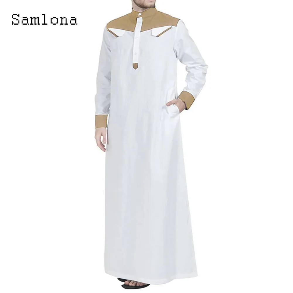 

2023 Mens Patchwork Muslim Robe Men Jubba Thobe Saudi Arabia Kaftan Pour Hommes Musulman Abaya Islamic Long Fashion Shirts Dress