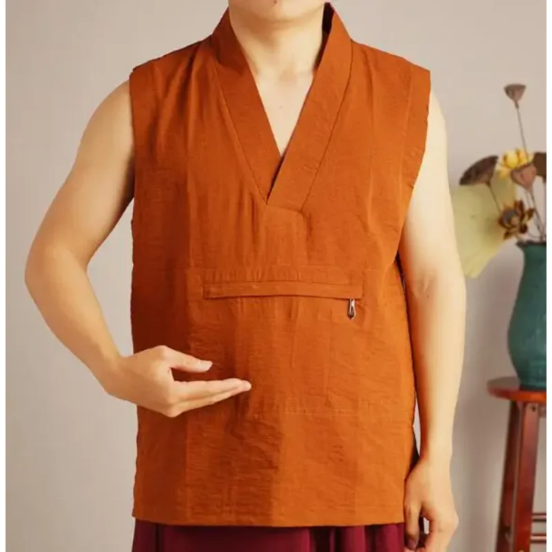 Chinese Tibetan Buddhism Lama Thailand Monk Summer Shirt Men Tops Vest Zen Brown