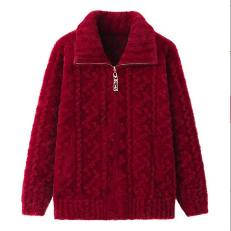 

Fashion Imitation Mink Coat Autumn Winter Women Sweater Jacket Middle Aged Elderly Grandma Knitted Zipper Overcoat Tops 2023