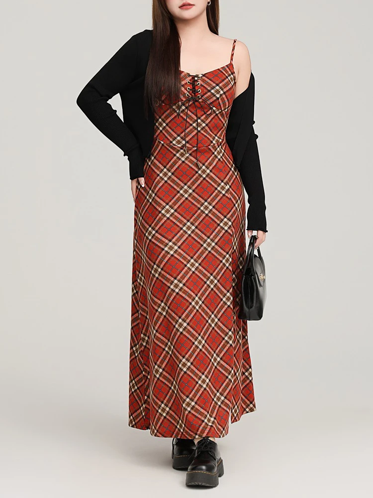 Spaghetti Strap Red Plaid Dress Plus Size 2025 Autumn Sexy Slim Premium Knit Women Long Dress with 56cm Slit