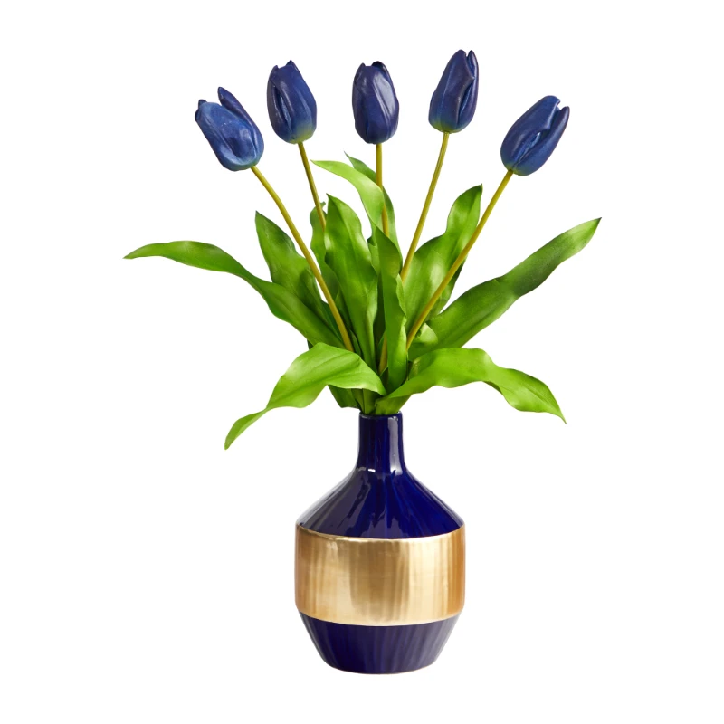 

22" Dutch Artificial Flower Arrangement in Blue and Gold Designer Vase, Blue