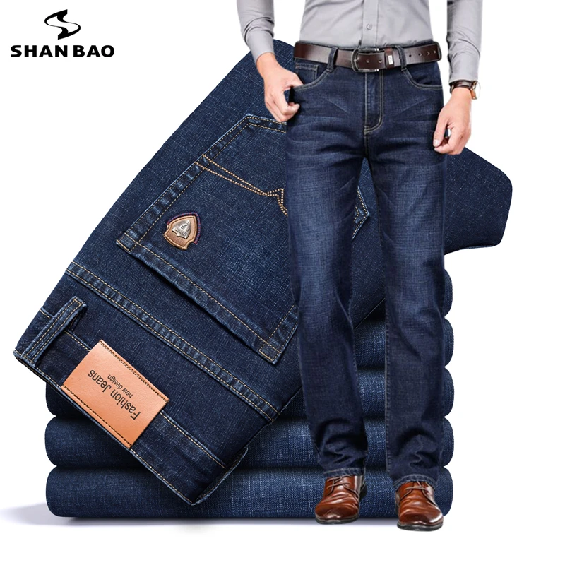 SHAN BAO 2021 autumn spring fitted straight stretch denim jeans classic style badge youth men's business casual jeans trousers blue jeans for men