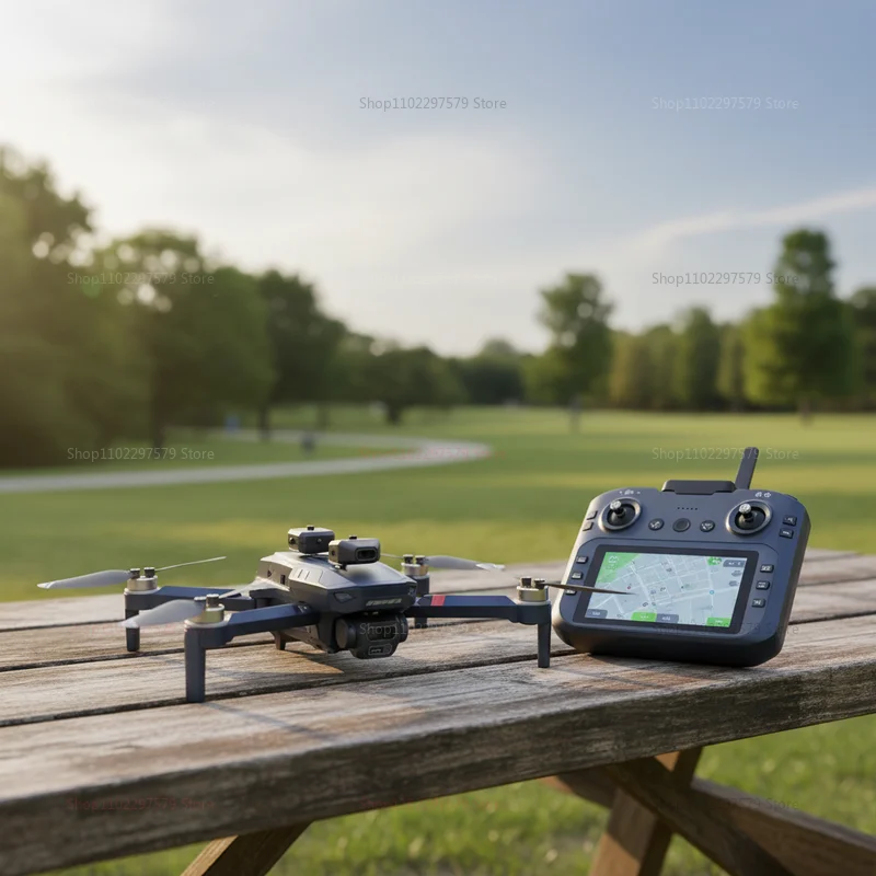 Drone Selfie de Poche Pliable 4K Ultra HD posé sur une table, avec sa télécommande et accessoires visibles.