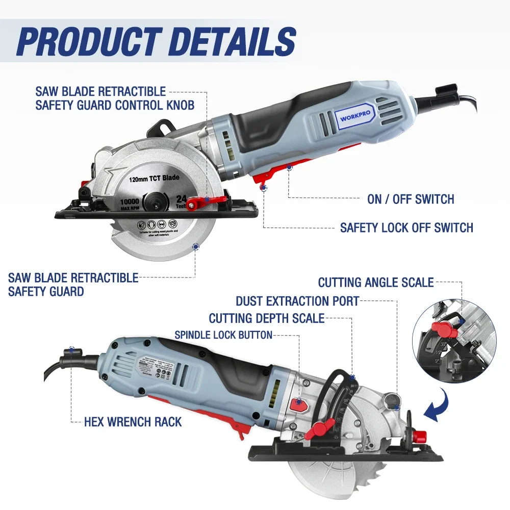 WORKPRO 750W Electric Mini Circular Saw Power Tools Multifunctional Electric Saw With TCT Blade and Diamond Blade Sawing Machine