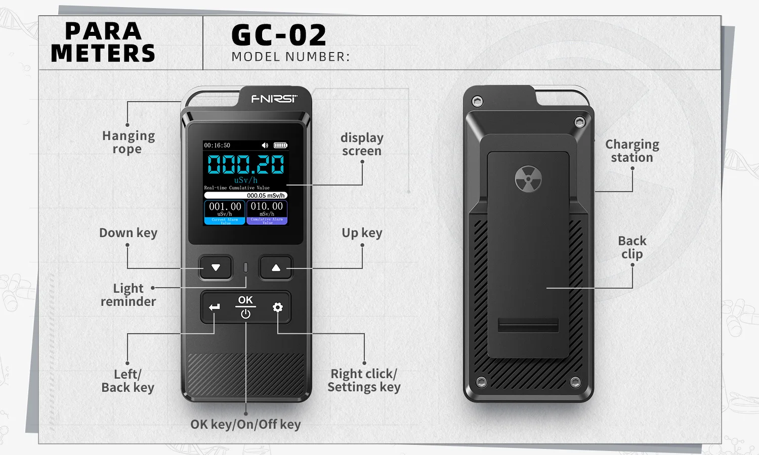 FNIRSI GC-02 Geigerzähler Nuklearer Strahlungsdetektor Röntgen-Beta-Gamma-Detektor Dosimeter Y-Ray β-Ray Radioaktiver Tester – Detail 18