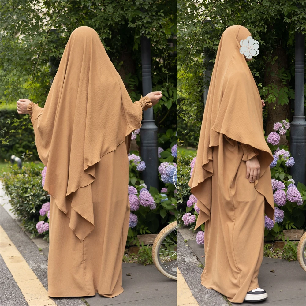 

Muslim Women Eid Ramadan Hooded Abaya Prayer Garment 2 Piece Burqa Hijab Long Khimar Maxi Dresses Set Turkey Kaftan Islamic