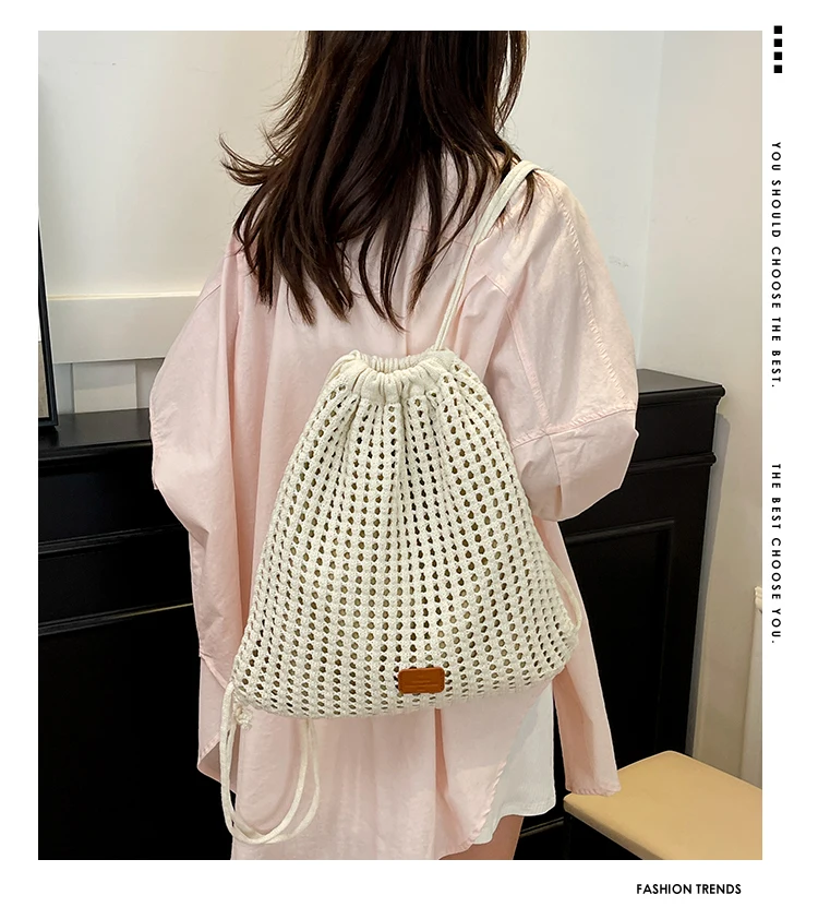 Trendige gewebte Tasche mit Kordelzug, großes Fassungsvermögen, hohles Design, praktischer Rucksack für Pendeln und Einkaufen – Detail 1