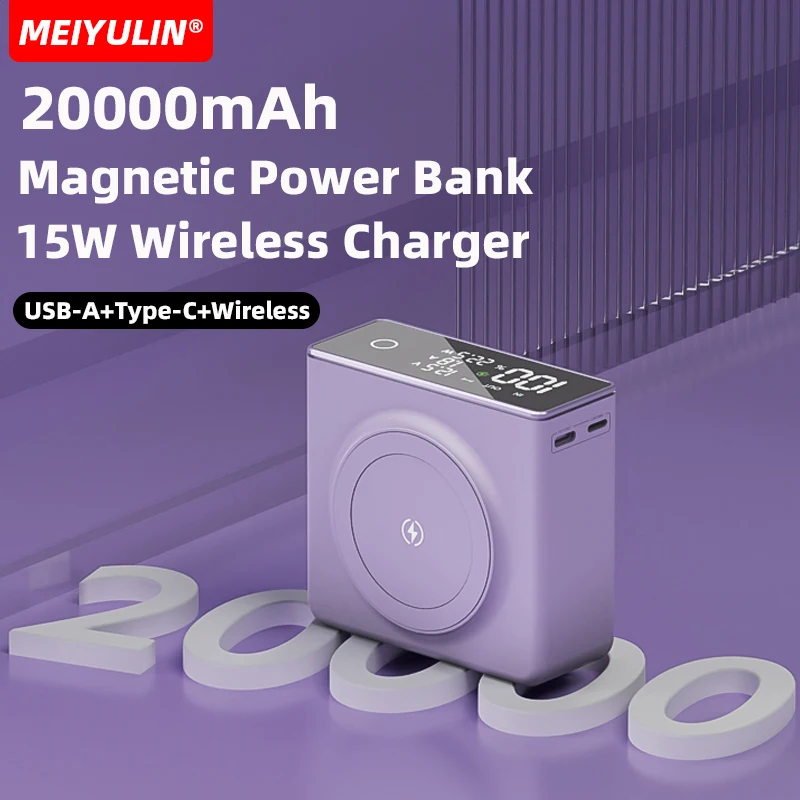 

22.5W Large Capacity Power Bank 20000mAh Magnetic Wireless Charger USB PD20W Fast Charge External Battery for iPhone 15 Samsung