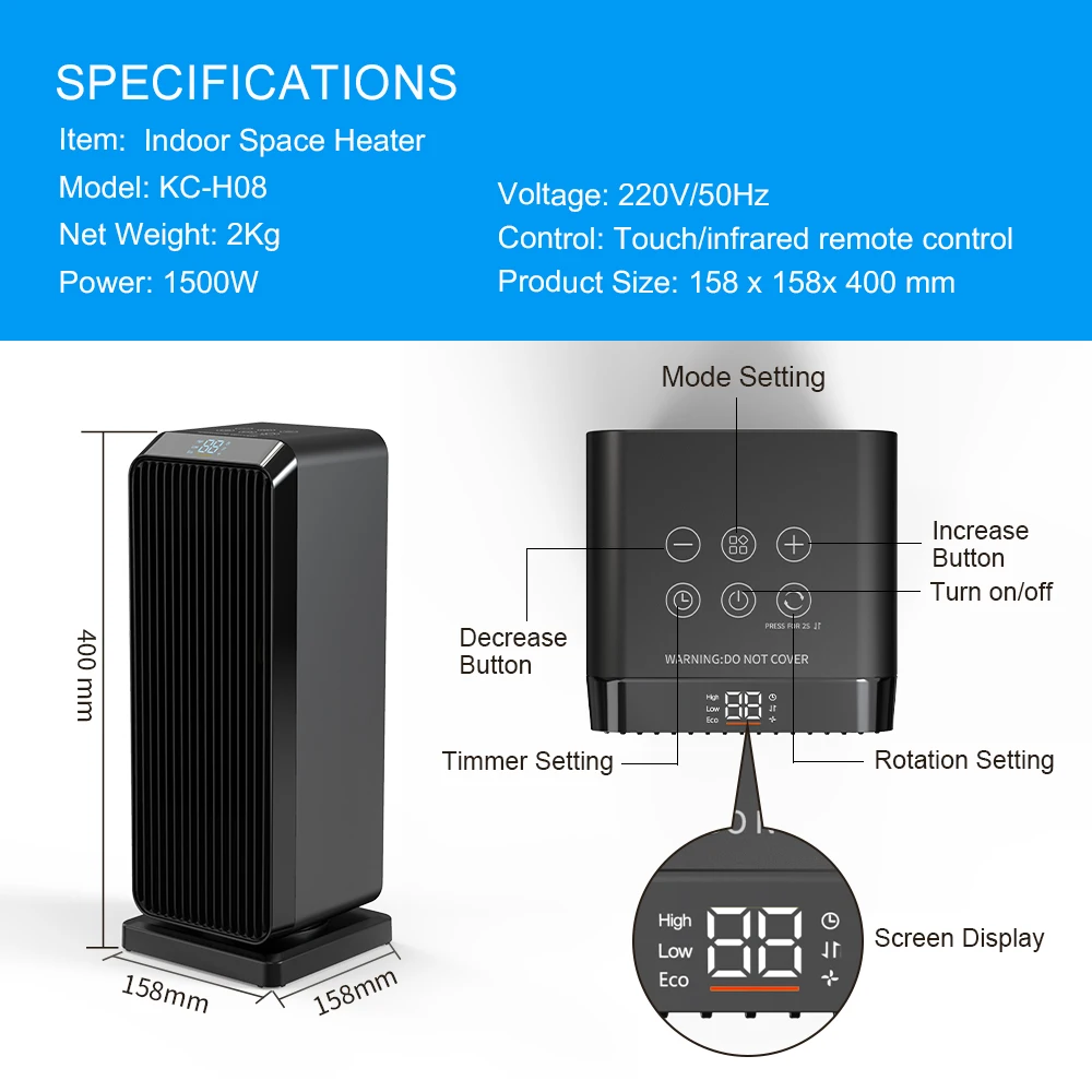 KCvents PTC Ceramic Heater Fan Indoor Space Mute Heater With Adjustable Thermostat LED Display Remote Control 6