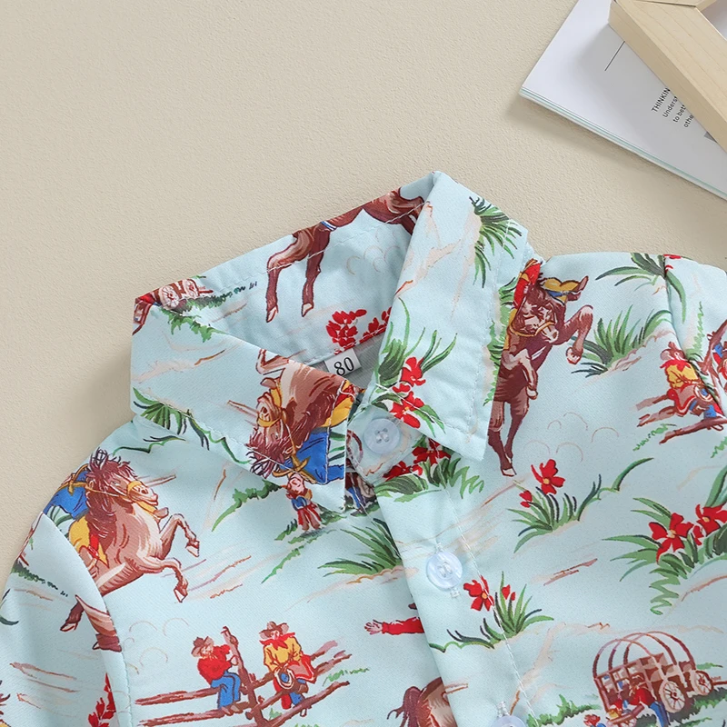 Western Baby Boy Long Sleeve Button Down Shirt Cow Cartoon Print Lapel Neck Country Cowboy Dress Shirt Top Fall Clothes