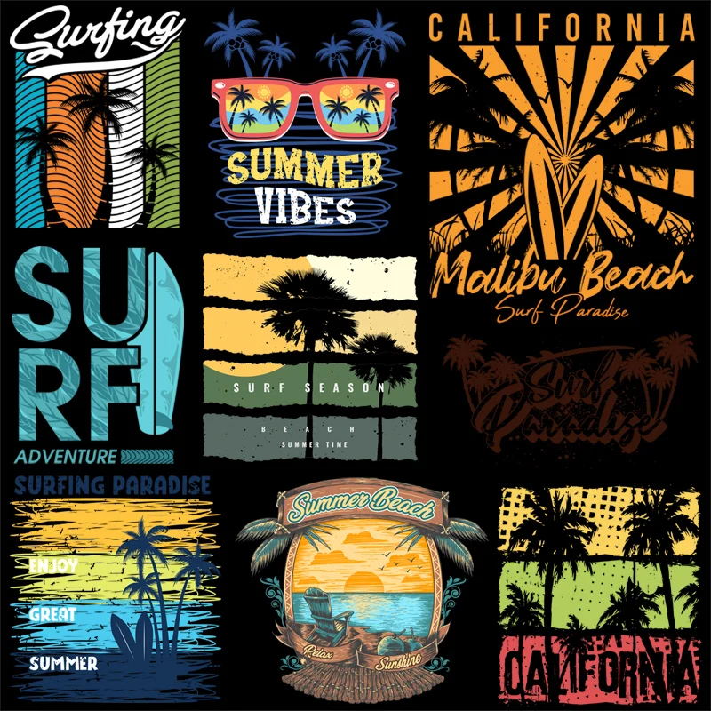 Summer Beach Surfing and Palm Tree Playing Iron On Transfer Character Patch for Clothing Washable Garment Accessories