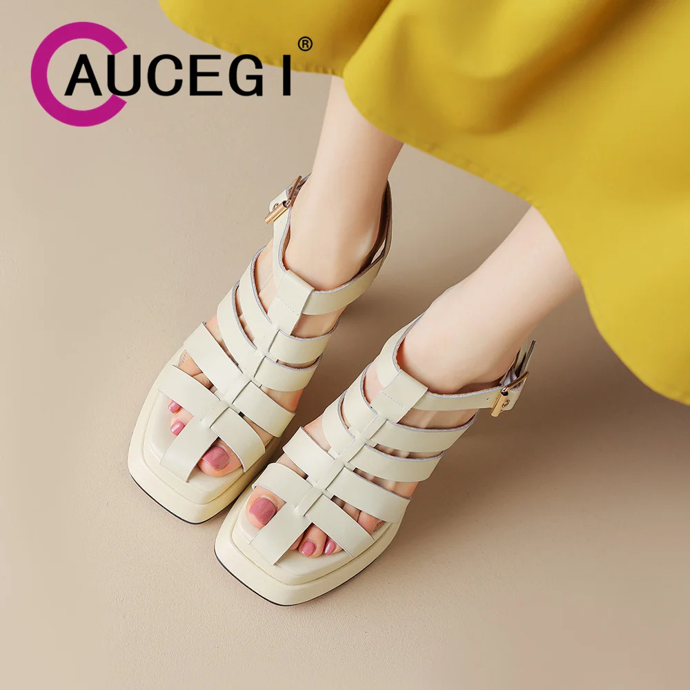 

Aucegi Summer Platform High Heel Gladiator Sandals Female New Fashion Square Toe Buckle Strap Commuter Dress Versatile Shoes