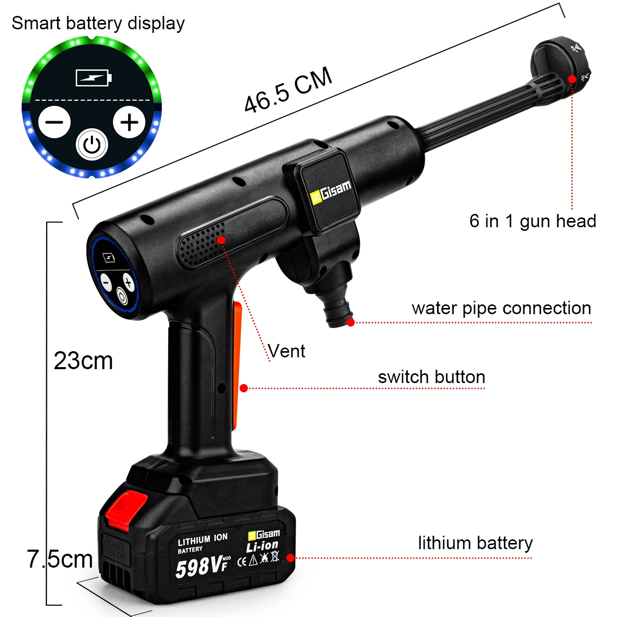 Gisam 200BAR 6-in-1 Brushless Cordless High Pressure Car Washer Rechargeable Lithium Battery Car Cleaning Washer Spray Water Gu 3