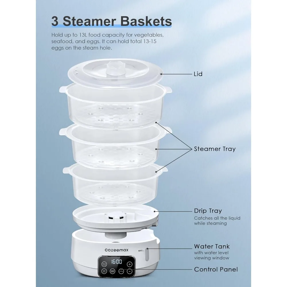 Electric Food Steamer, 13.7QT Digital Vegetable Steamer 800W with 3 Tiers BPA Free, Auto Shut-off, Boil Dry Protection 6