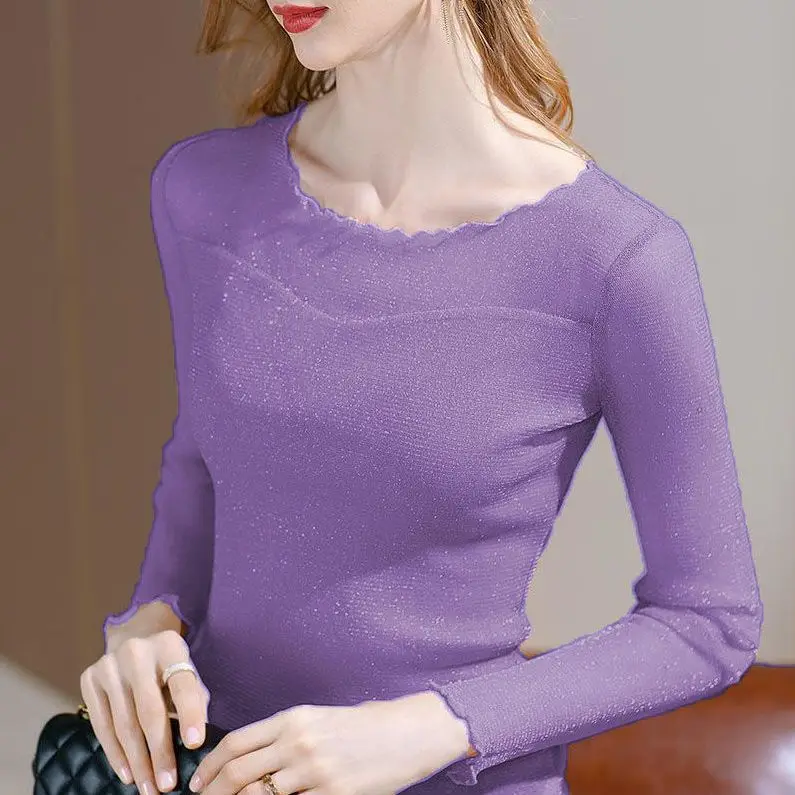 Pink iny Tead Thin Lace irt Sexy Top European Sle T-irt Trendy Printed Loose Fit Long Sve round Ne Pure Color