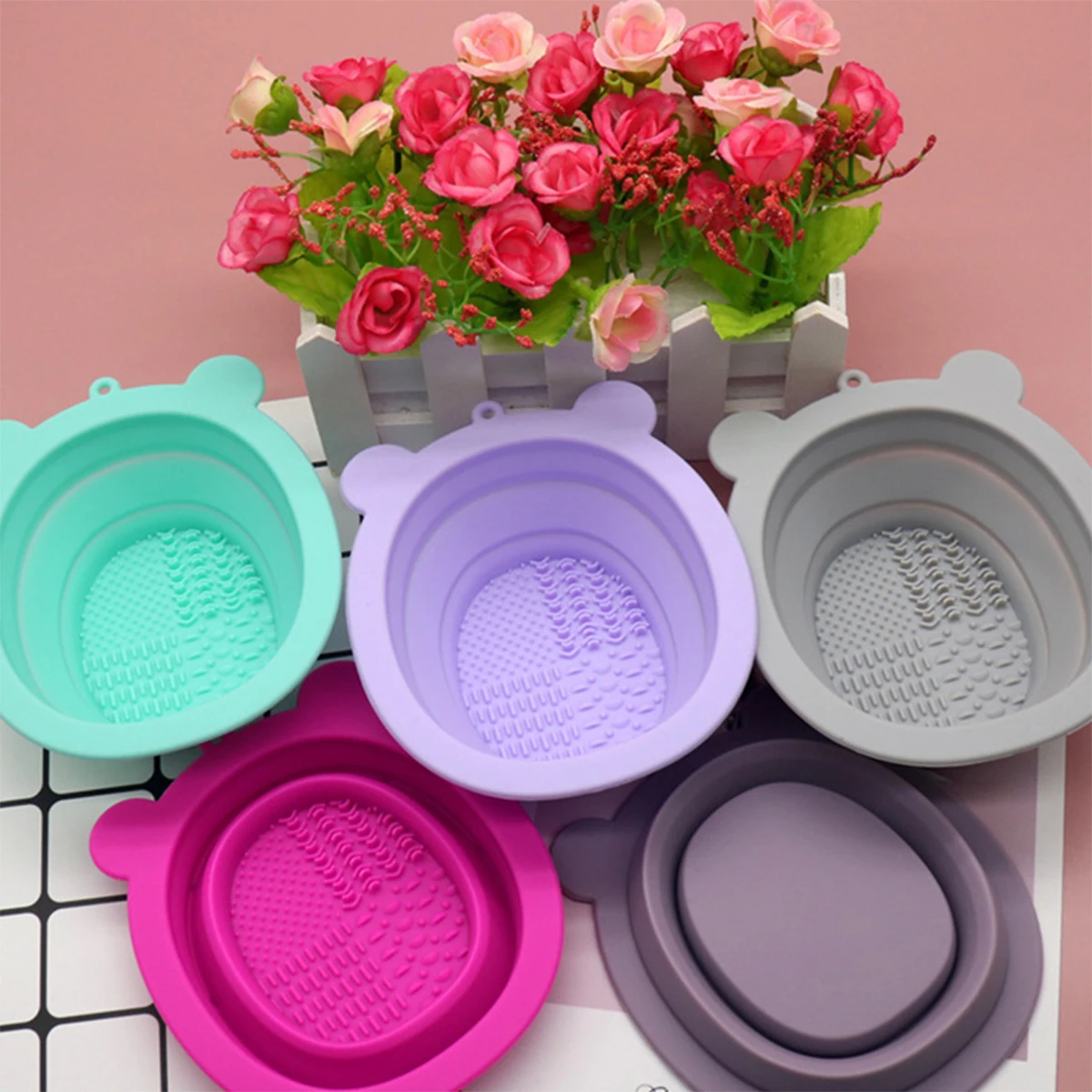BearFoldingSiliconeBrushBowlCosmeticBrushCleaningMatMakeup