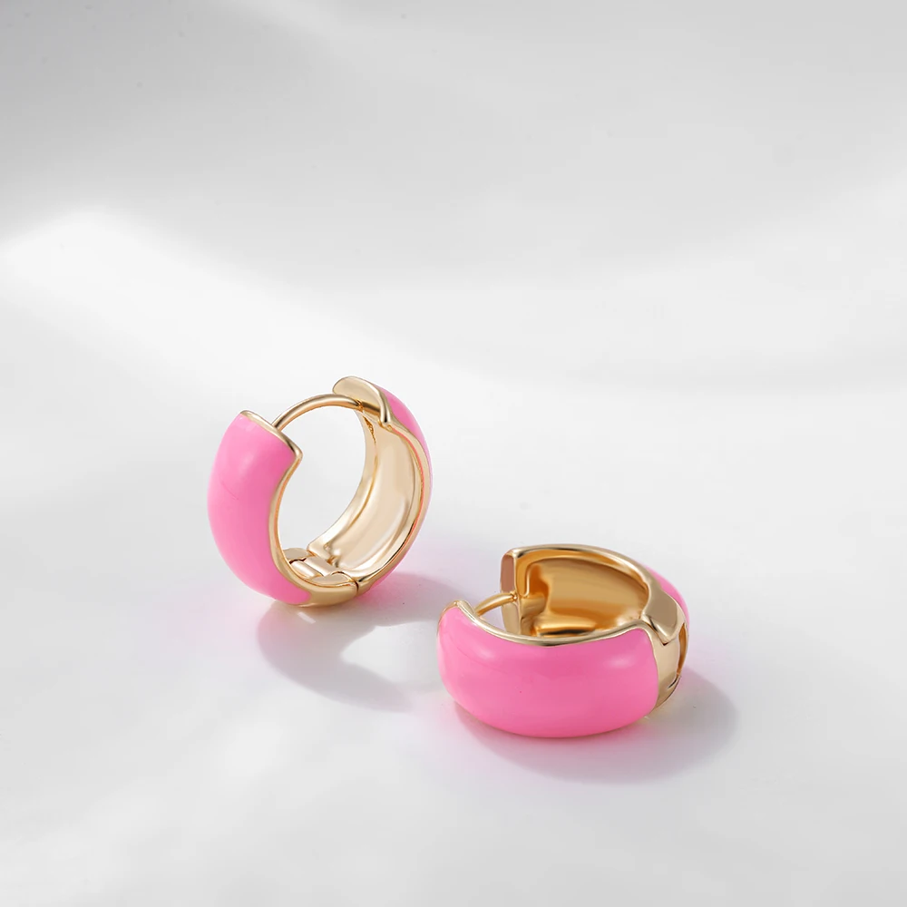 Cute Enamel Pink Geometric Round Heart Hoop Earrings Minimalist Gold Color Copper CZ Zirconia Hoop Huggies Korean Jewelry Gifts