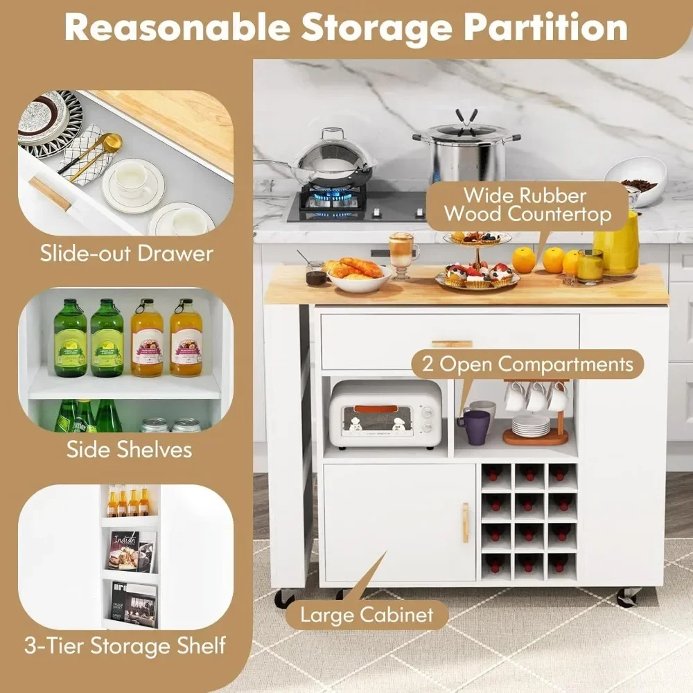 high-qualityMobile Kitchen Island Cart, 4-in-1 Reversible Serving Cart Bar Table Combo, Storage Cart on Wheels w/Rubber Wood Top