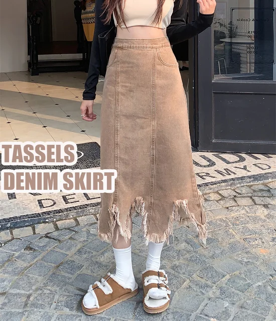 Denim Maxi Skirt Brown Jean Skirt Long Denim Skirt With Boots