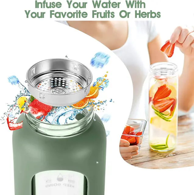 1000ML Glass Water Bottles With Straw, Glass Bottle With Silicone Sleeve And Time Marker, For Gym Home Office 2