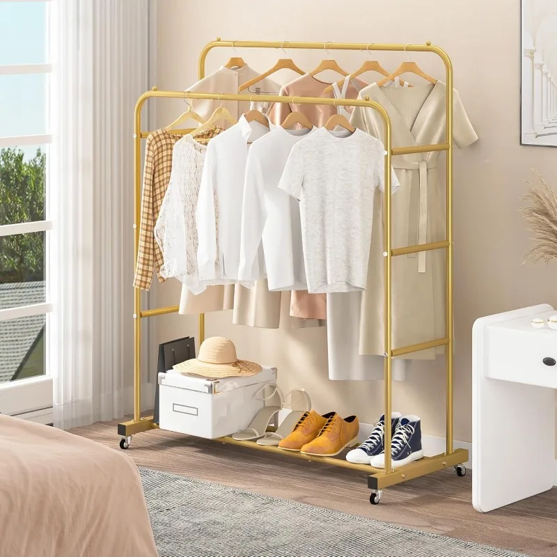 Double Rods Clothing Rack with Wheels, Garment Rack for Hanging Clothes, Multi-functional Bedroom Clothes Rack, Gold 5