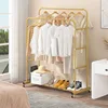 Double Rods Clothing Rack with Wheels, Garment Rack for Hanging Clothes, Multi-functional Bedroom Clothes Rack, Gold 5