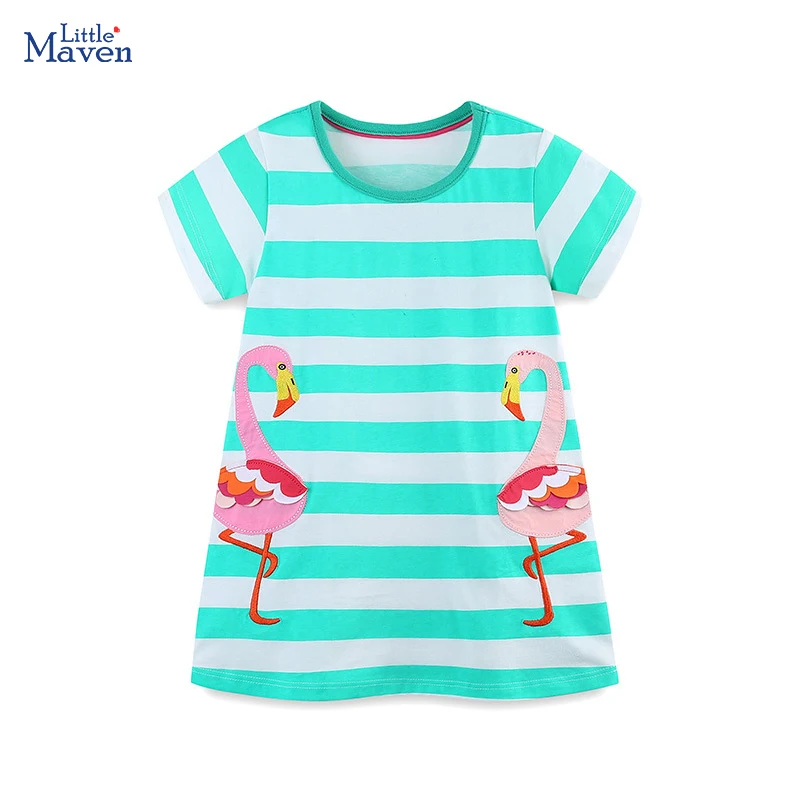 

Little maven Summer Kids Clothes Cartoon Flamingo Embroidered Applique Girls Princess Dress Striped Knit Baby Girls Casual Dress