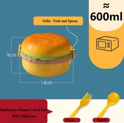 Double Tier Cute Burger Bento Box - Fun & Practical Lunch Container Set with Fork (Round)