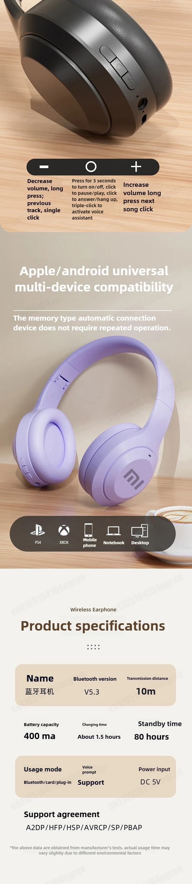 Wireless headset showing controls and 4-8 hours battery life.