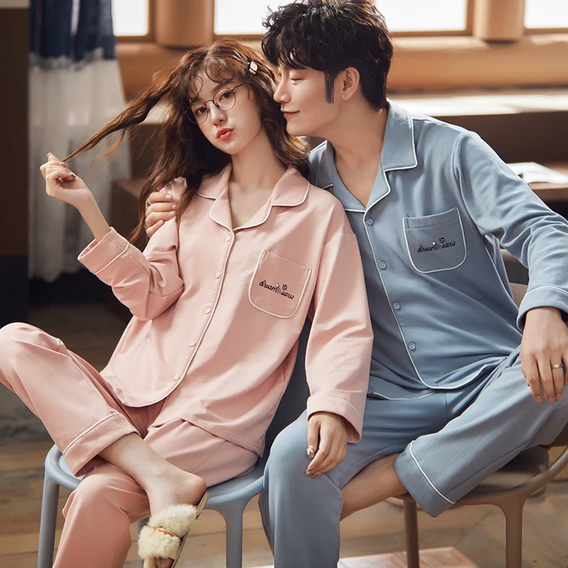 Spring Autumn Couples Cotton Sleepwear Long Sleeve Sleep  Top & Pant Men's Pajamas Set Women's Korean Fashion Pyjamas Pjs Home grey classic mens pajamas cotton solid color button down long sleeve men pajamas set spring autumn sleepwear soft lounge pjs set