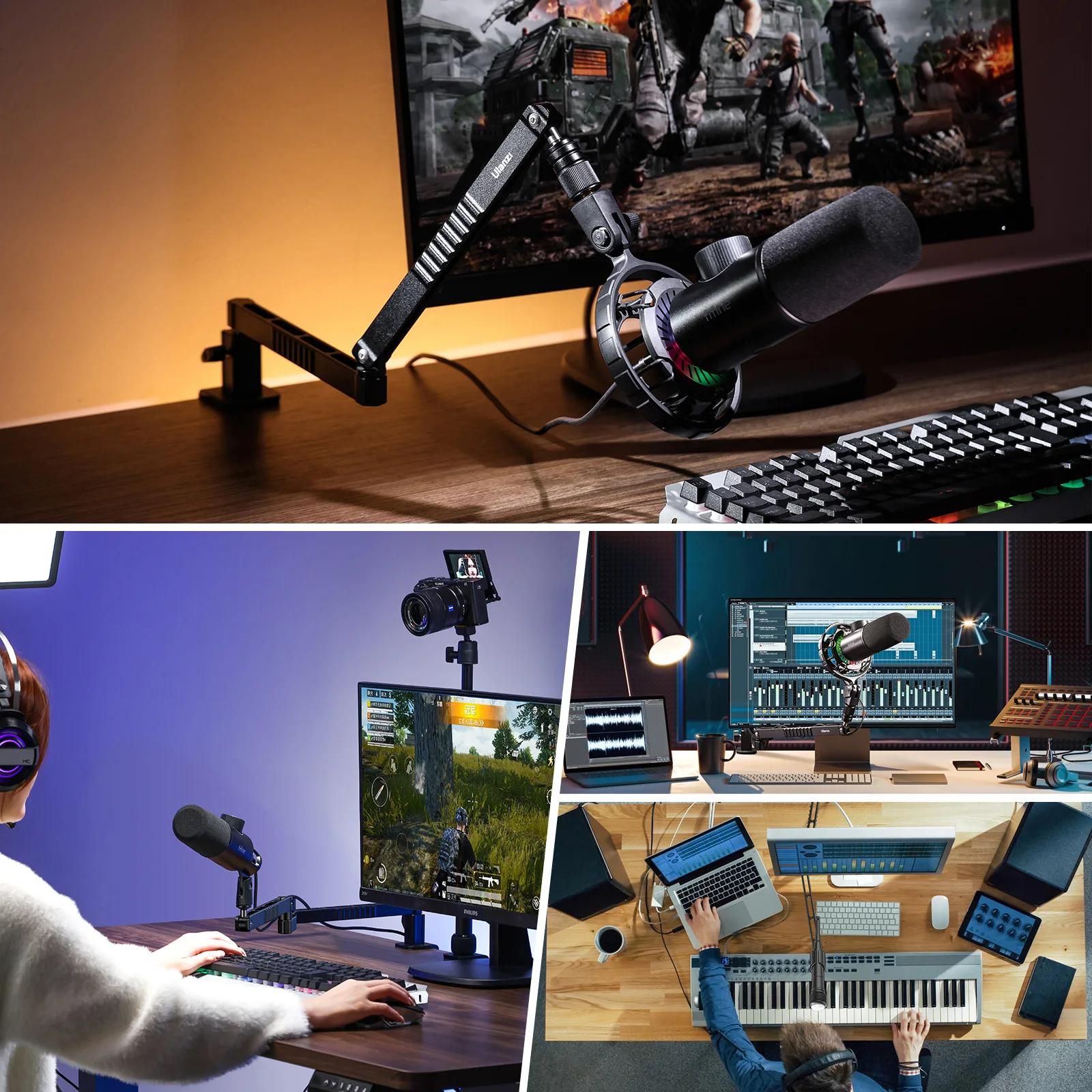 Microphone Stand Ulanzi Upgraded LS26 Low Level Microphone Stand with Adjustable Clamp Clip Desktop Mic Boom Arm Support Multi-angle Adjustment