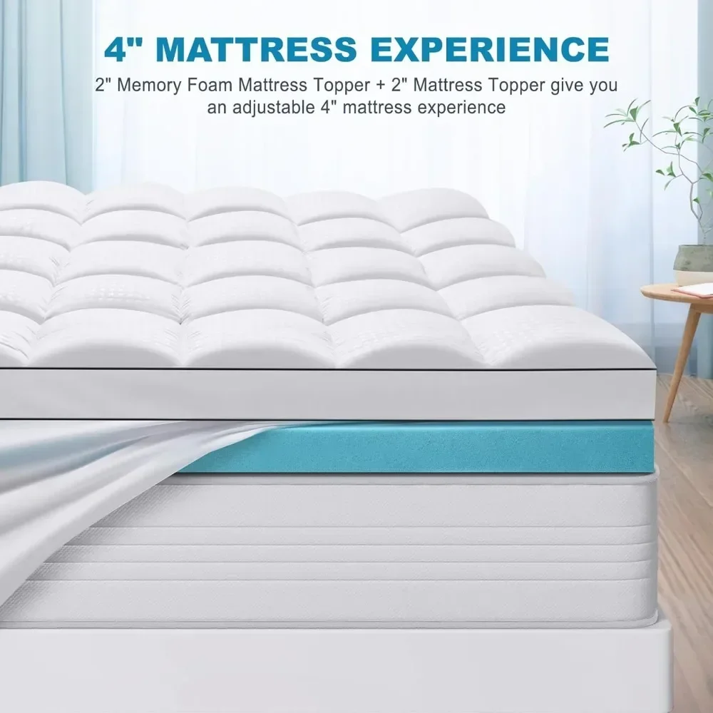 Dual Layer Memory Foam Mattress Topper, 2 Inch Gel Memory Foam and 2 Inch Cooling Pillow Top Mattress Pad Cover for Back Pain