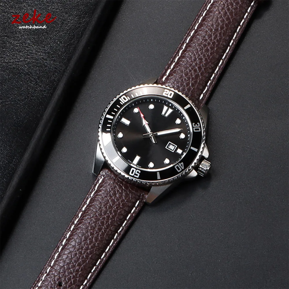 Premium Genuine Leather Litchi Grain Wristwatch Band - Black, Blue, Brown Strap