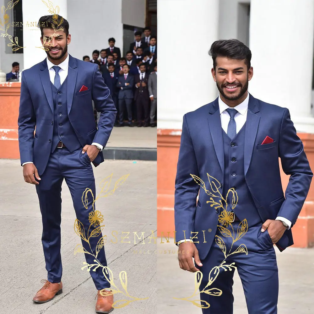 

SZMANLIZI Повседневный темно-синий мужской костюм из 3 предметов индивидуальный однобортный Блейзер жилет брюки свадебные костюмы для жениха деловая Рабочая одежда