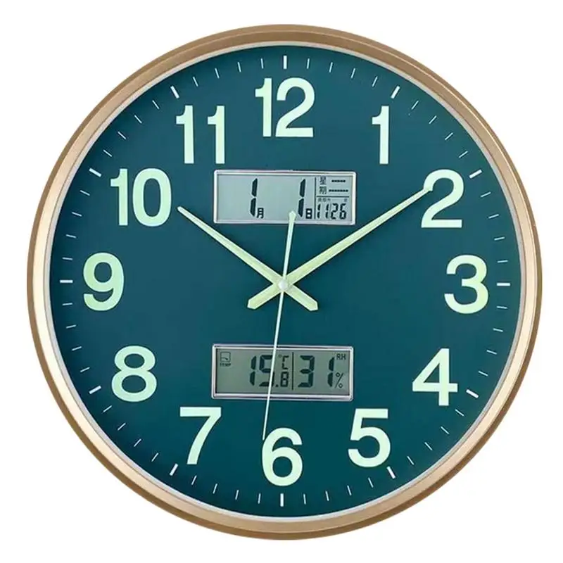 38cm Wall Clock Silent Non Ticking Round Silent Clock with Calendar & Temperature & Humidity Digital Display Luminous