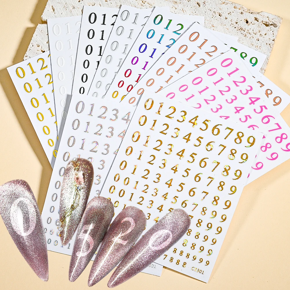1PC Numbers Decals Nail Art Stickers Laser Gold Number Tattoo Nail