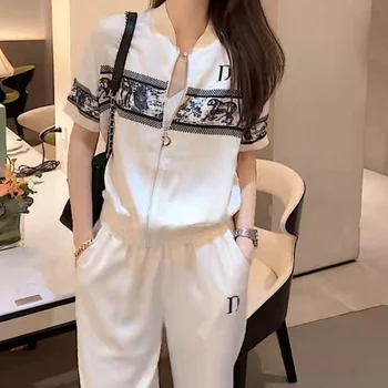 French Women Casual 2 Piece Sets Cool Ice Silk Comfortable Summer Zipper Short Sleeve Jacket Coat and Sweatpants Loose Sports 1