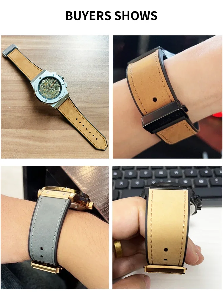 Men's Frosted Leather Watch Strap with Silicone Underskin, Convex Interface, 26x19mm