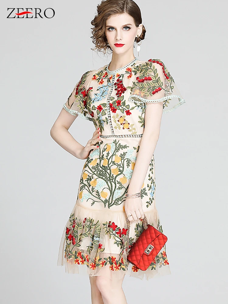 

Women Sexy Mesh Flare Sleeveless O Neck Floral Embroidery Lace Dresses Female Summer High Waist Slim Midi Party Dresses Vestidos