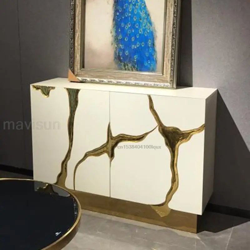 Luxury Metal Sideboard Villa Stainless Steel Porch Table Glossy Living Room Floor Storage Cabinet Post-Modern