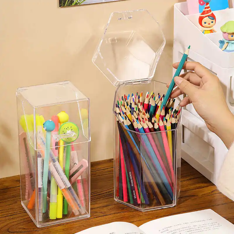 Desktop Organiser Home Office Storage Box Acrylic Transparent Multifunction Pen Holder Stationery Storage Waterproof Dustproof