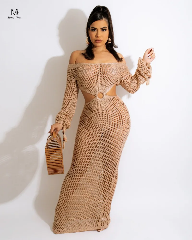 

Fashion Women Cover-ups Dress Sexy Hollow Out Knit Solid Holiday Beachwear Sweet Female Maxi Beach Dresses