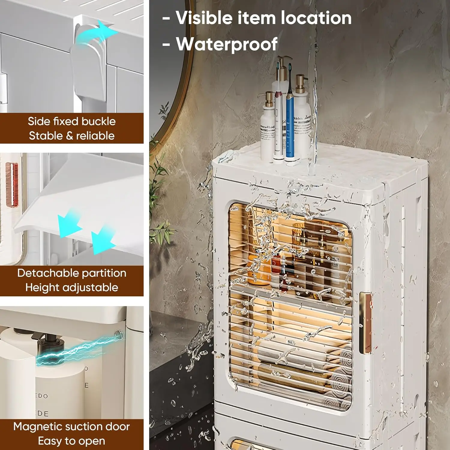 Slim Bathroom Cabinet, 2-Tier Plastic Organizer. Narrow, Stackable with Doors. For Home, Living Room