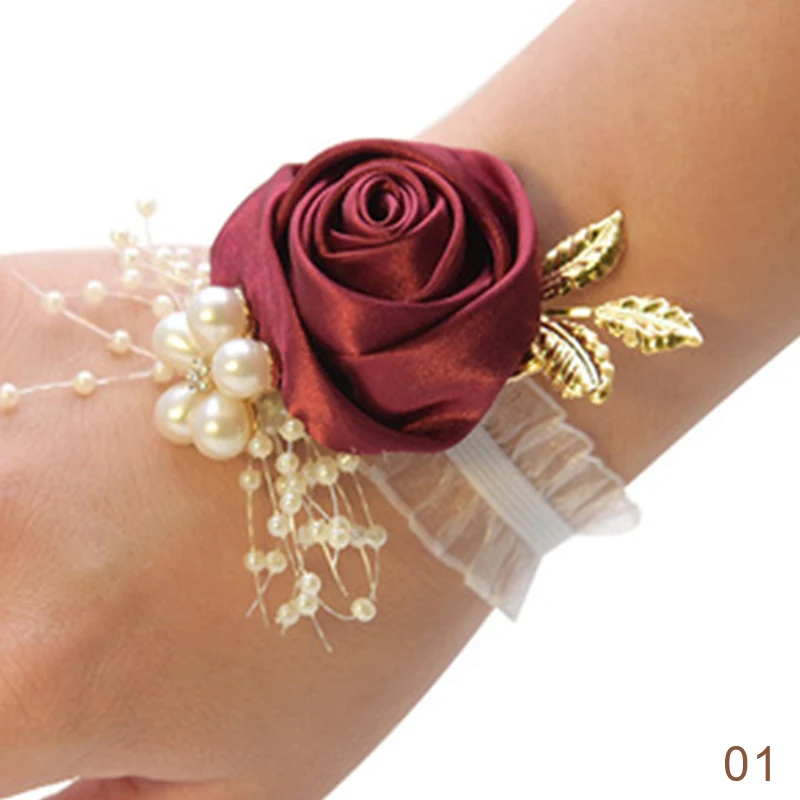 S67273b4d6b0541cdbc360e64da7e3f5aT Girls Bridesmaid Wrist Flowers Wedding Prom Party Boutonniere Satin Rose Bracelet Fabric Hand Flowers Wedding Supply Accessories Mallzona